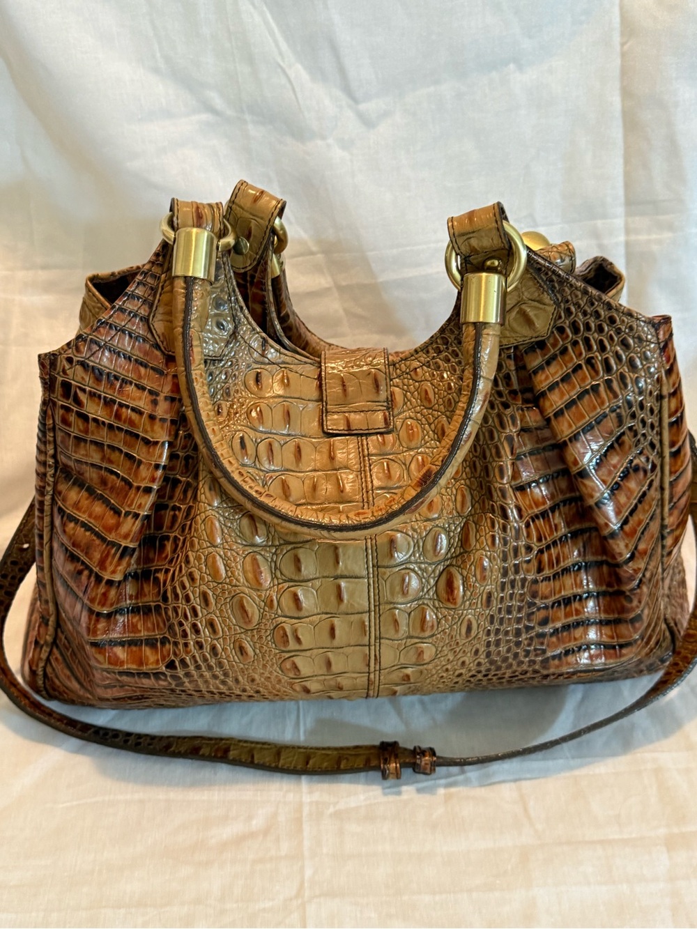 Brahmin Croc-Embossed Shoulder Bag in Tan with Gold Hardware - Picture 11 of 15